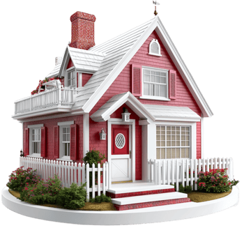 Red house stands charming with white trim and fence evoking cozy suburban life png