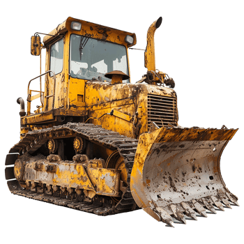 A weathered yellow bulldozer with a large blade sits on a white background png