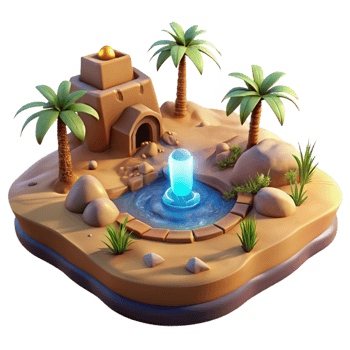 stunning classic Oasis 3D Render Palm Trees, Desert, and Ancient Building premium png