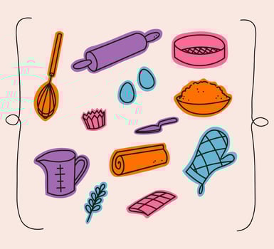 Baking equipments, hand drawn stickers. Doodle illustration with dough, eggs, rolling pin, flour, ingredients tools cooking baked goods. Design concept for bakery, chef, menu, cafe, sign vector