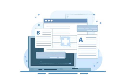 AB Testing Concept, User Feedback, Bug Fixing, Comparison Process, Mobile and Desktop App Development. AB testing concept Comparison of separate wireframe applications A B. flat design. vector