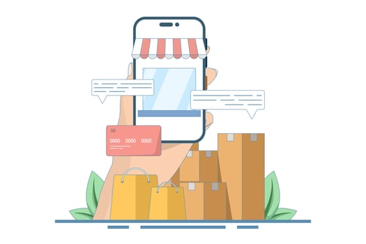 Online shopping concept on website or mobile app, digital marketing and marketing. Online shopping store on website. Digital store promotion, online payment, delivery, sales. Cartoon illustration. vector