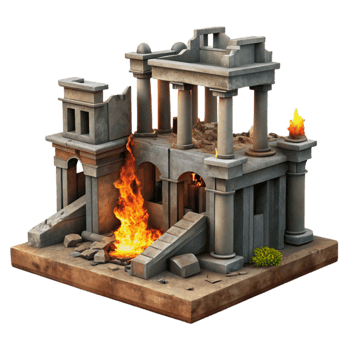 elegant creative Burning Ruins 3D Model Ancient Temple Fire high resolution png