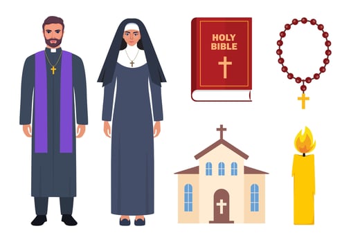 Christianity religious spiritual elements. Catholic priest and nun. Church, bible, candle, prayer beads. Peace religion communion. illustration. vector