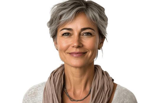 Mature woman smiling in casual attire with scarf png