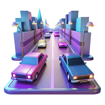 vibrant creative Neon Cityscape 3D Illustration Cars Driving on a Futuristic Road high quality png