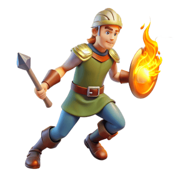 serene modern Brave 3D Cartoon Warrior with Fire Shield high quality png