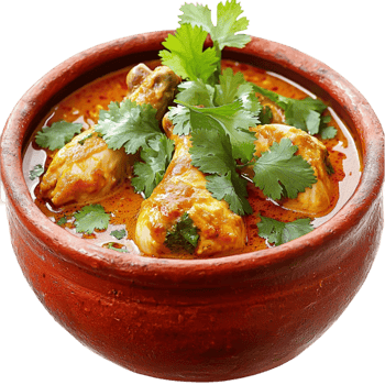 Clay bowl holds spicy curry with cilantro garnish tempting flavorful cuisine png