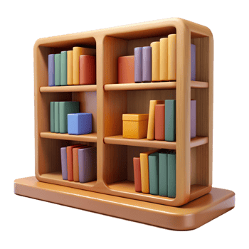 dramatic contemporary 3D Render of Wooden Bookcase with Colorful Books high quality png