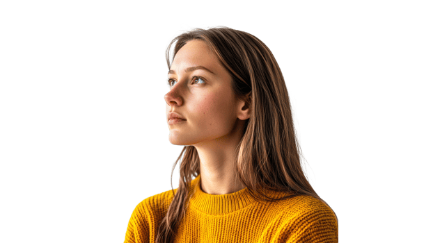 Woman in yellow sweater, lost in thought png
