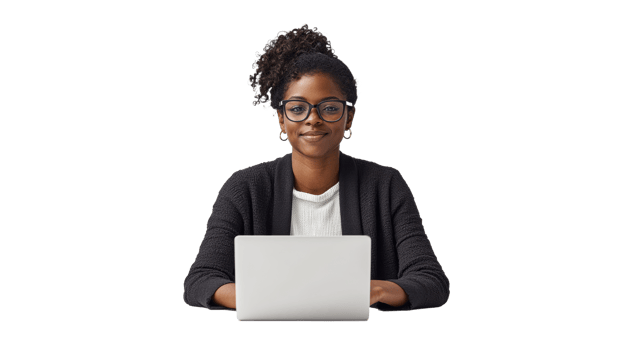 Student studying at a desk with a laptop png