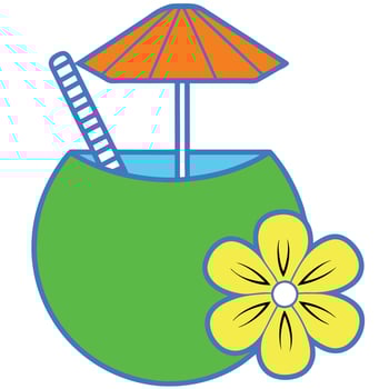 Coconut tropical drink with umbrella and straw icon. Fruit cocktail water juice. vector