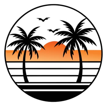 Scenery beach at sunset with sun and palm silhouette. Tropical beach sunset. vector