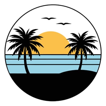 Scenery beach at sunset with sun and palm silhouette. A serene tropical beach sunset with coconut tree summer. vector