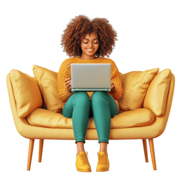 Woman sitting on a yellow couch with a laptop looks focused and ed png