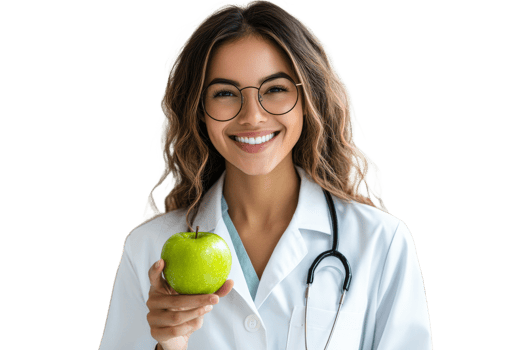 Smiling health professional shows green apple png