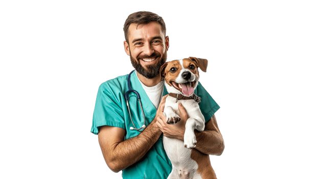 Smiling veterinarian holds happy dog in clinic transparent png