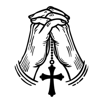Praying hands with rosary outline illustration vector