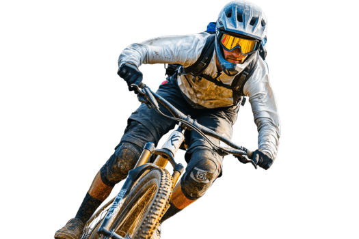 Mountain biker rides downhill through dirt track png