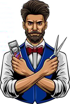 Barbershop Masculine Beard Man holding Scissor and Electric Trimmer Elements Illustration vector