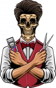 Barbershop Masculine Skull Man holding Scissor and Electric Trimmer Elements Illustration vector