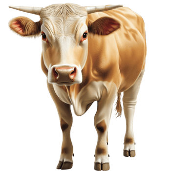 Brown and white cow with large eyes and curved horns looks strong and calm png