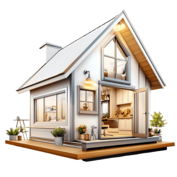 Cozy wooden house with large windows and a slanted roof looks warm and inviting png