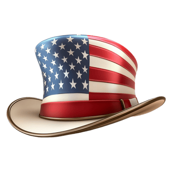 Patriotic top hat with an American flag design looks and celebratory png
