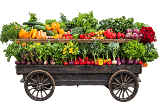 Fresh vegetables displayed on a rustic wooden cart png