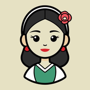Adorable Cartoon Illustration of a Young Woman with Dark Hair and a Flower in Her Hair vector