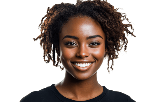 Woman with curls smiles on white backdrop png