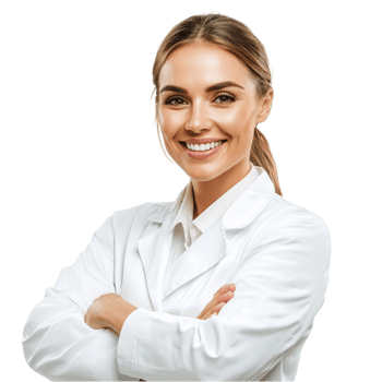 Smiling woman in a white coat with arms crossed looks professional and friendly png