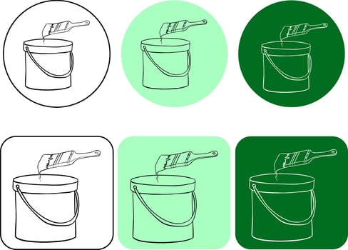 Black paint can and brush graphic line ink logo. illustration liquid color bucket container with paintbrush icon. vector