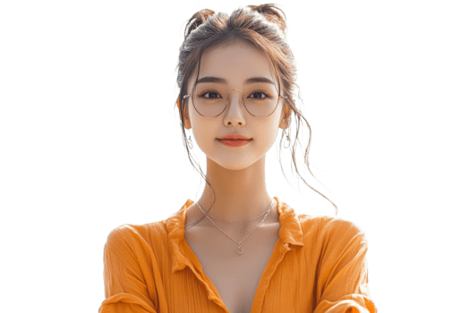 Young woman with glasses in bright orange attire png