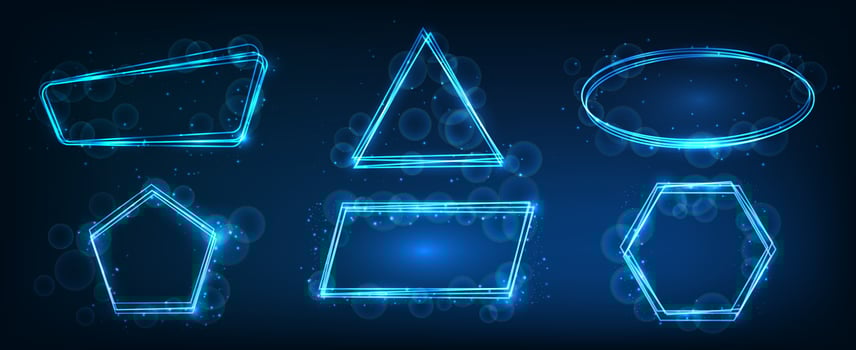 Set of six neon frames in geometric forms with shining effects and sparkles on dark background. Empty glowing techno backdrop. illustration vector