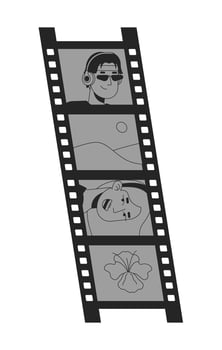 Vintage film strip cinematic black and white 2D line object. Man headphones, landscape, flower, smiling woman. Movie reel isolated clip art outline item. Monochromatic spot illustration vector