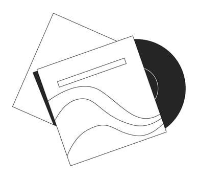 Vinyl record inserted in album cover black and white 2D line object. Physical media. Vintage vibes. Retro music lp sleeve isolated clip art outline item. Monochromatic spot illustration vector