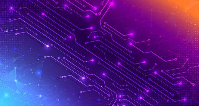 Abstract digital technology futuristic circuit blue purple orange background, Cyber science tech, Innovation communication future, Ai big data, internet network connection, Cloud hi-tech illustration vector