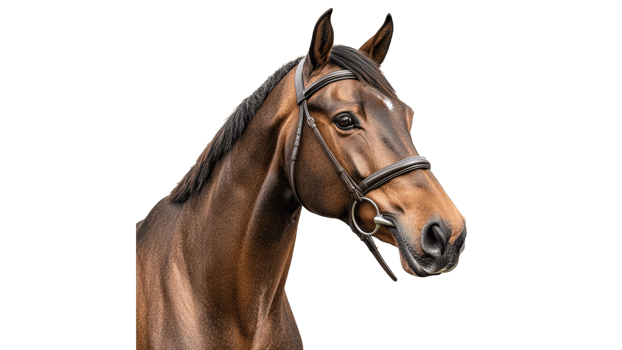 Brown horse wearing bridle in close up portrait png