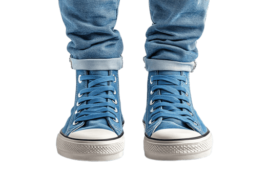 Stylish blue high top sneakers on a trendy outfit png