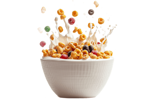 Breakfast cereal splashing in white bowl with milk png