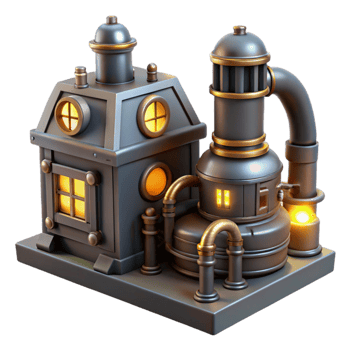 dramatic traditional 3D Render of Steampunk Factory high quality png