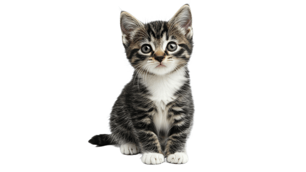 Cute tabby kitten sitting and looking curiously transparent png