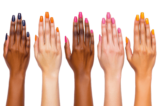 Diverse hands showcasing colorful nail art designs png