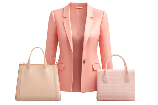 Elegant pink blazer paired with stylish handbags png