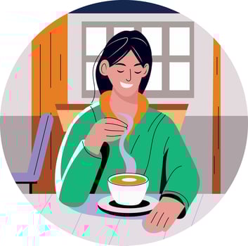 A flat illustration of a girl drinking coffee vector