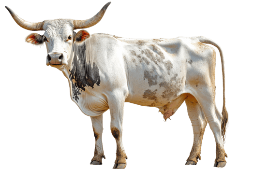 White and brown cow standing in a sunny field png