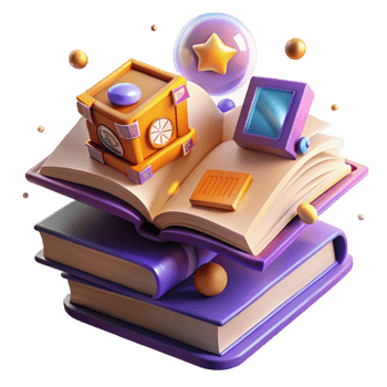 extraordinary contemporary 3D Book Stack Illustration Open Book with Magical Items genuine png