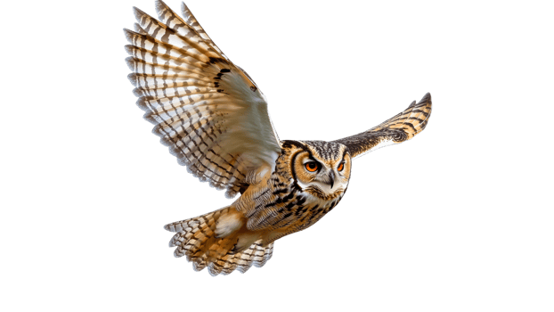 Owl soaring against a white backdrop png