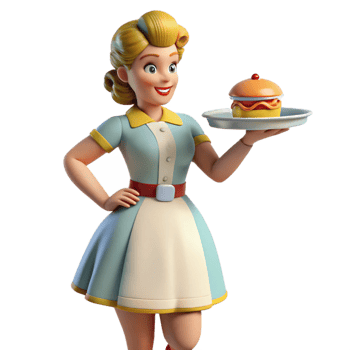 3D Retro Diner Waitress Serving Burger Illustration png